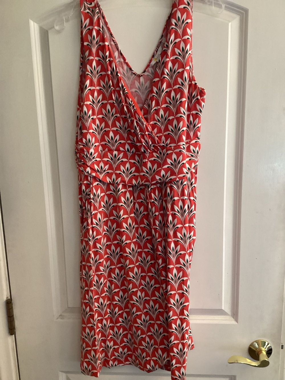 Boden Effie Faux Wrap Jersey Dress Red White Palm Geometric Midi 14R L/XL